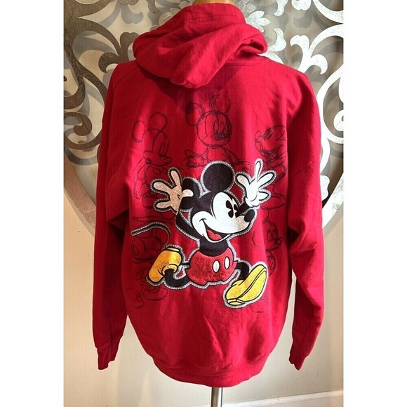 XL Disney Parks Mickey Mouse Red Two Sided Full Zip Hoodie Yellow Drawstring - Picture 5 of 7